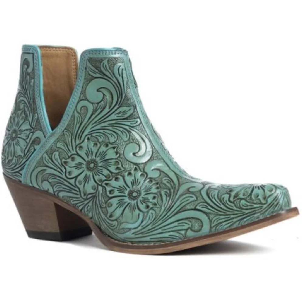 🔥Hand Tooled Genuine Leather Women Bootie Boot Boho Western Shoe Teal Turquoise - Picture 3 of 11